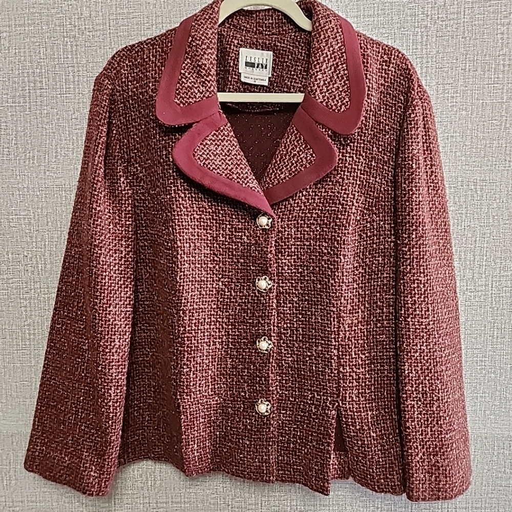 Leslie Fay Vintage Red Pink Maroon Tweed Blazer Jacket Pearl Buttons Wool Bld 18 - Picture 5 of 13